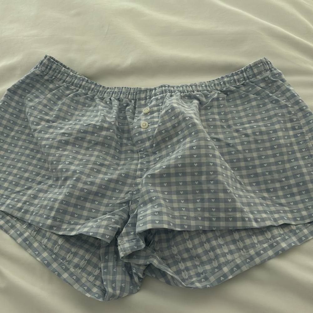 BABY BLUE AND WHITE GINGHAM AND WHITE HEART BRANDY MELVILLE SHORTS